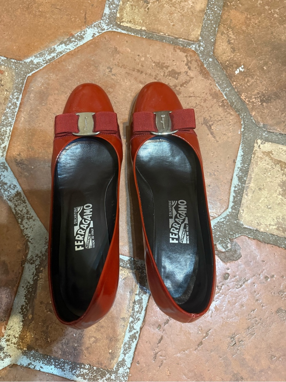 Salvatore Ferragamo Burnt Orange Vara Bow Leather Ballet Flats